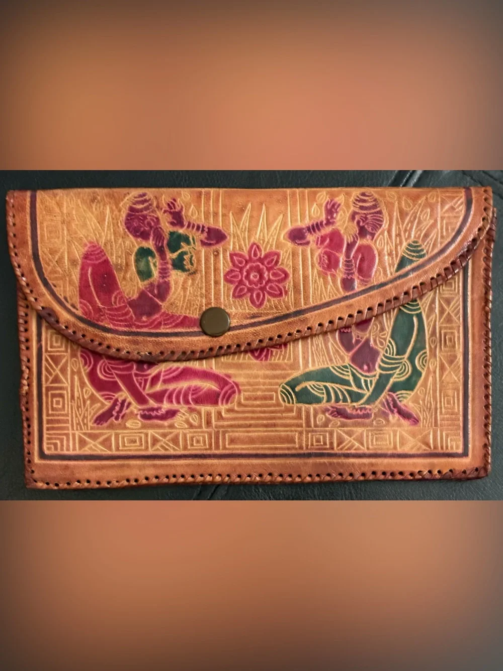 Vintage Handcrafted Shantiniketan Leather Envelope Clutch Purse Set